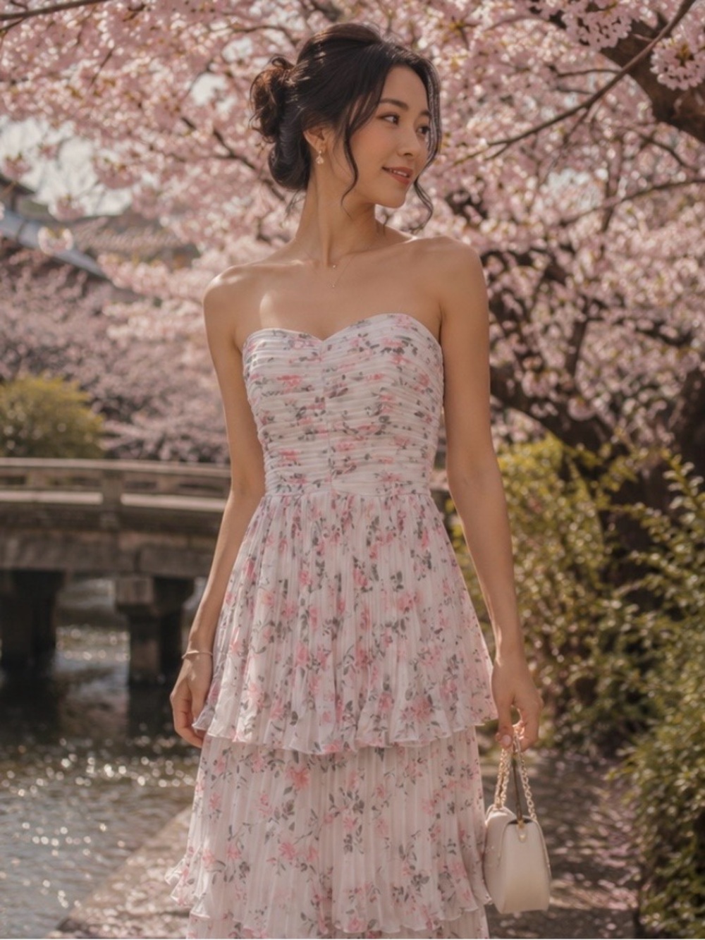 Pink & White Floral Tiered Maxi Dress